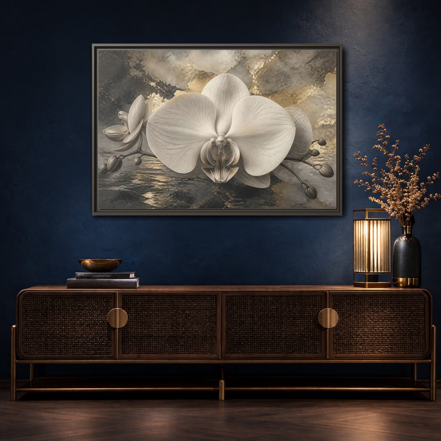 Mockup 4. Luminous Monochrome Orchid shown as framed canvas print