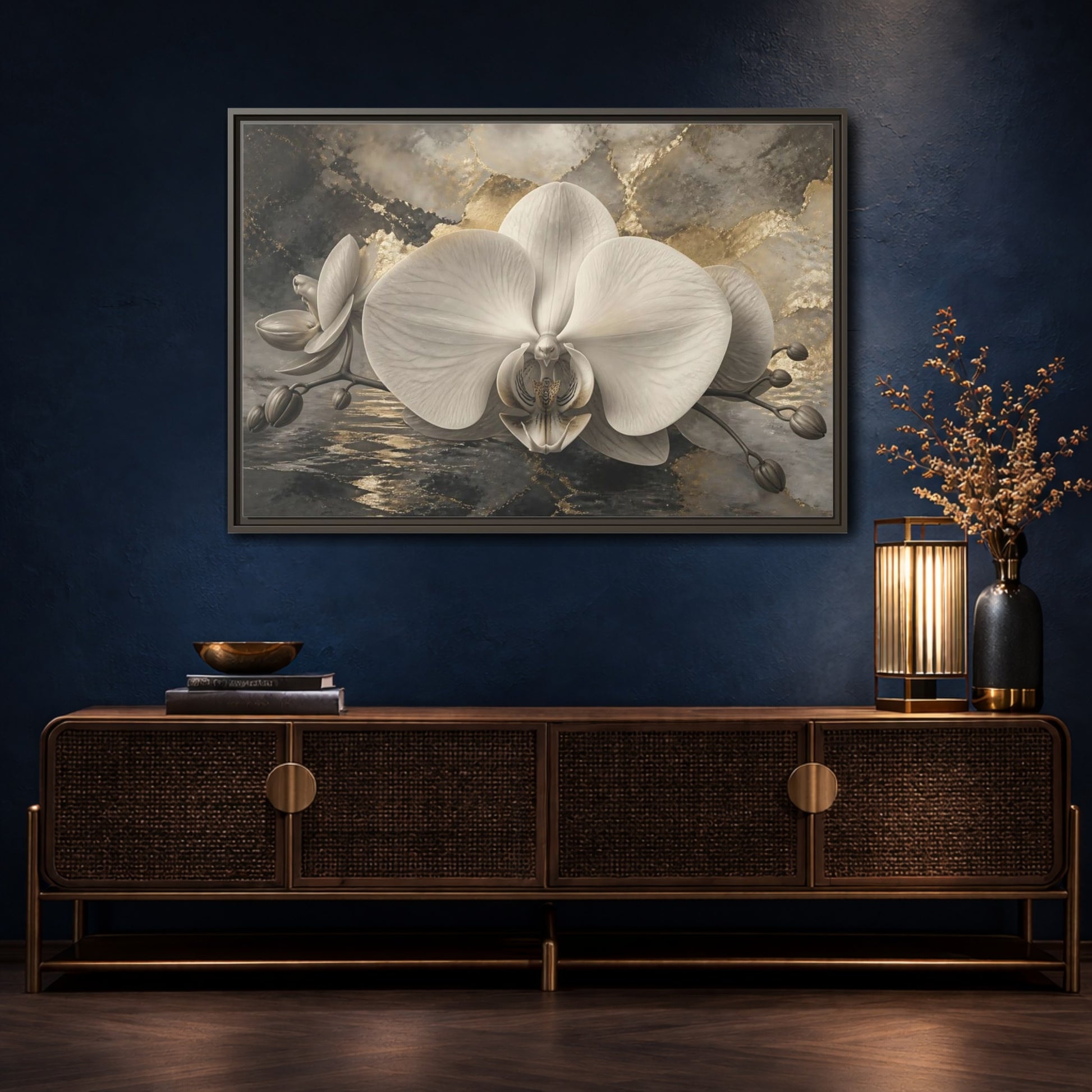 Mockup 4. Luminous Monochrome Orchid shown as framed canvas print