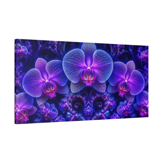 Main Mockup. Luminous Neon Orchid Garden shown as canvas print