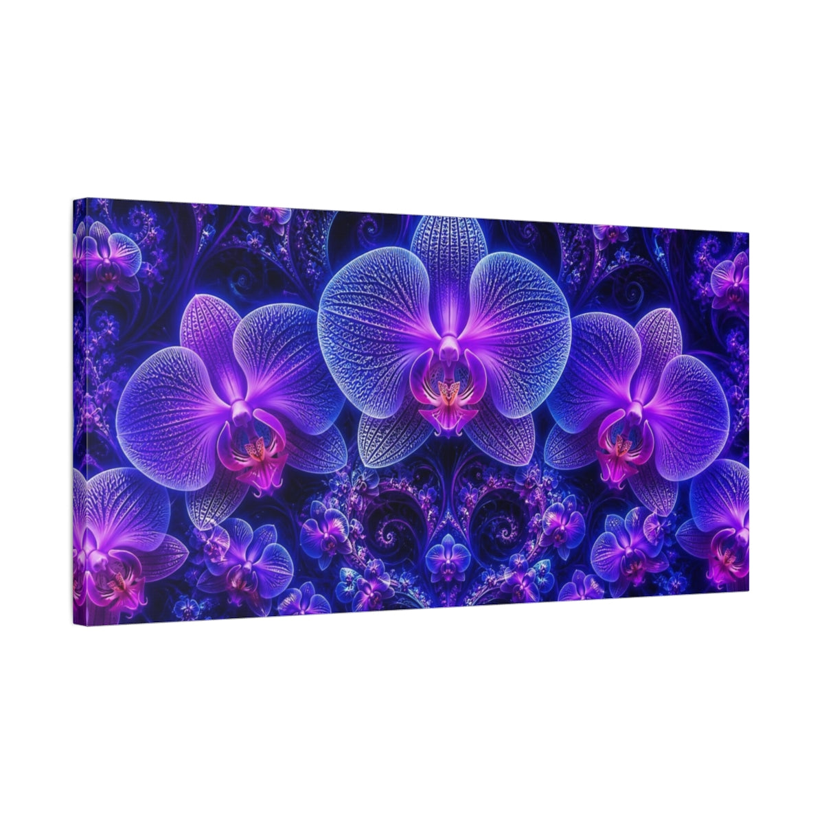Side Mockup 1. Luminous Neon Orchid Garden shown as canvas print