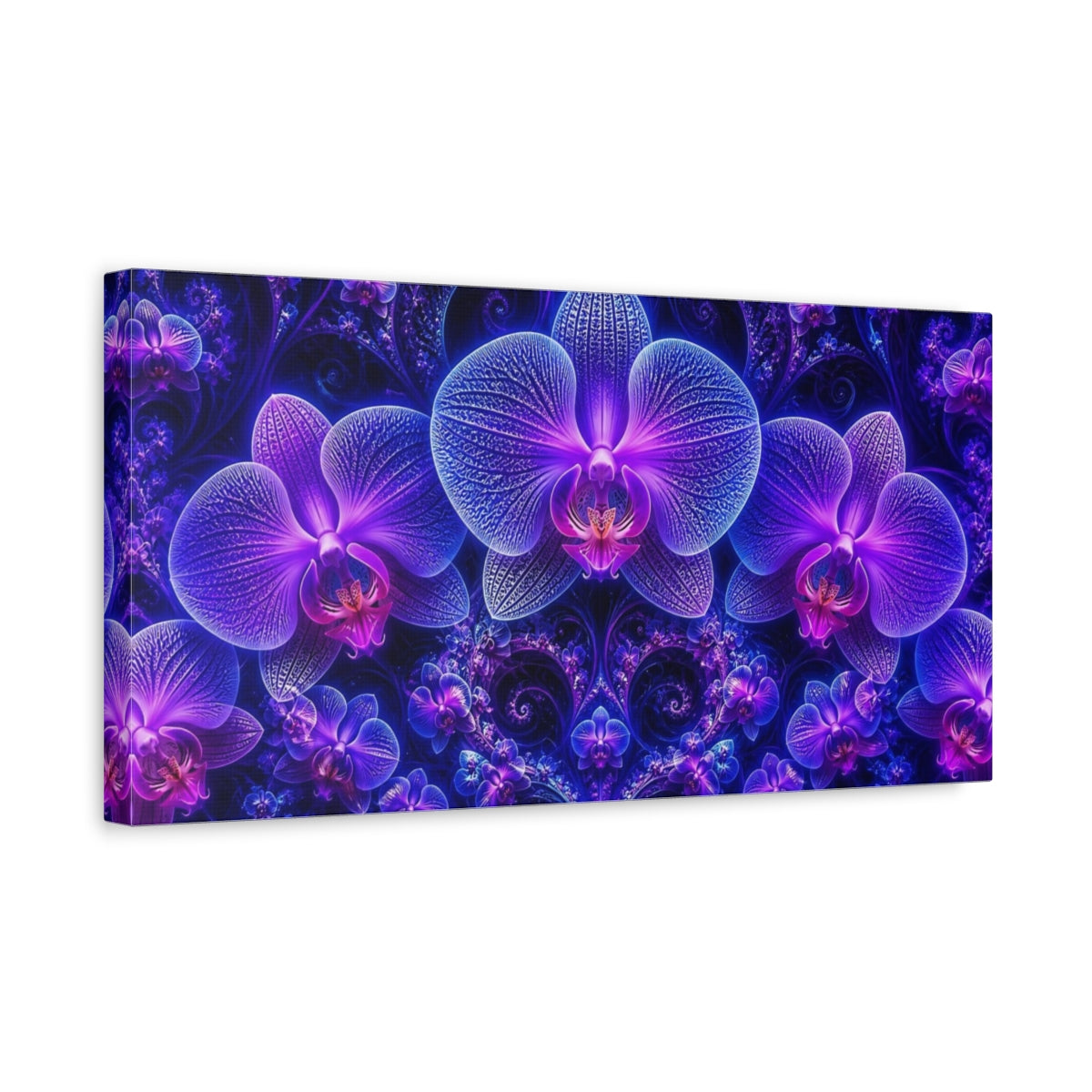 Side Mockup 3. Luminous Neon Orchid Garden shown as canvas print