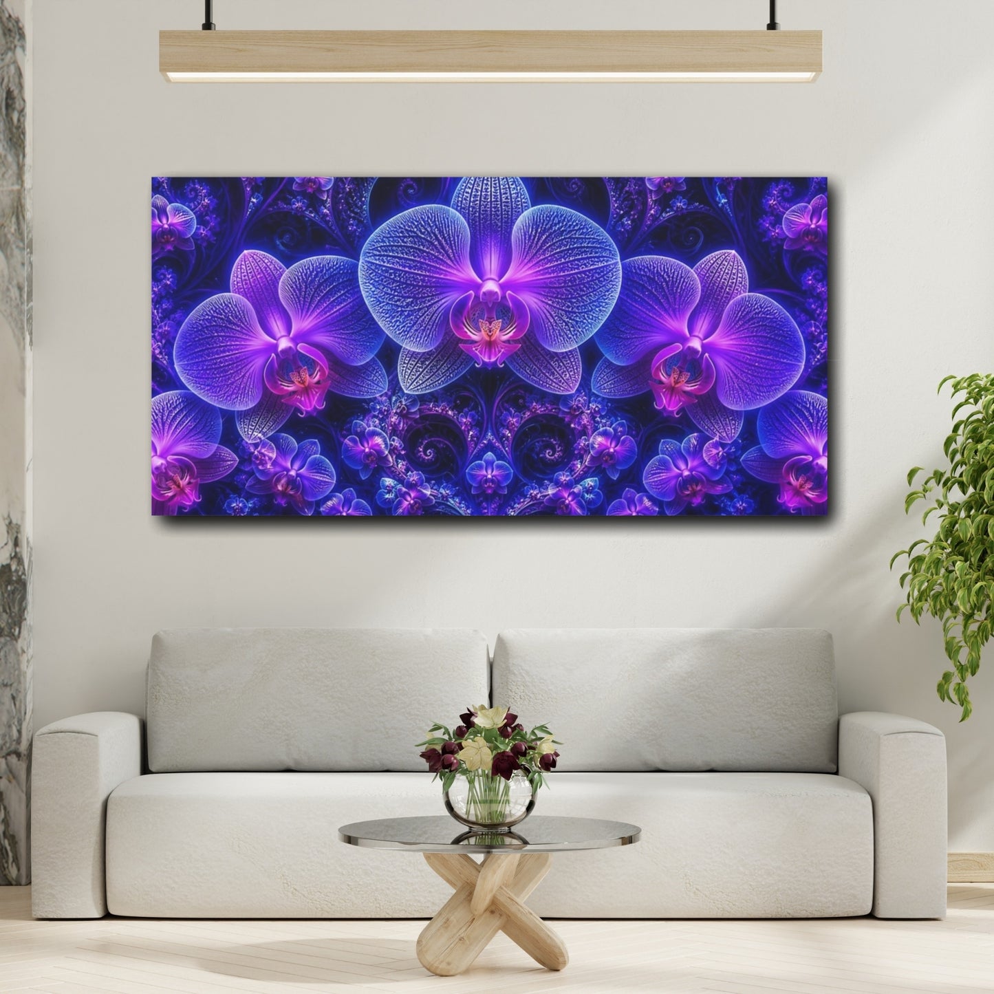 Mockup 2. Luminous Neon Orchid Garden shown as canvas print