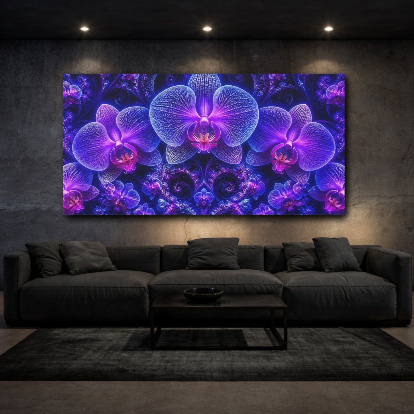 Mockup 3. Luminous Neon Orchid Garden shown as canvas print