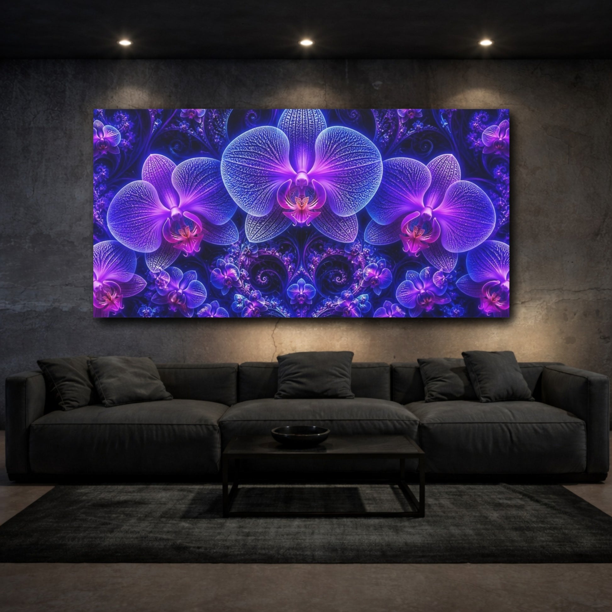 Mockup 3. Luminous Neon Orchid Garden shown as canvas print