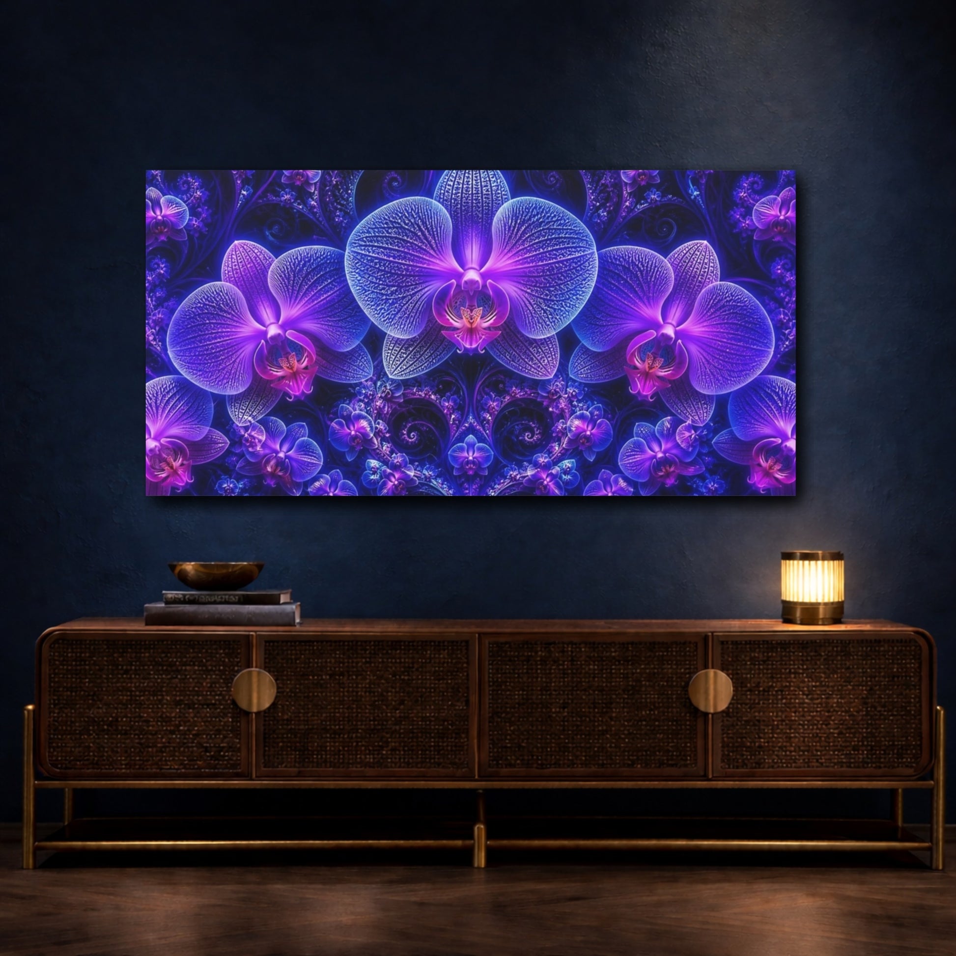 Mockup 4. Luminous Neon Orchid Garden shown as canvas print