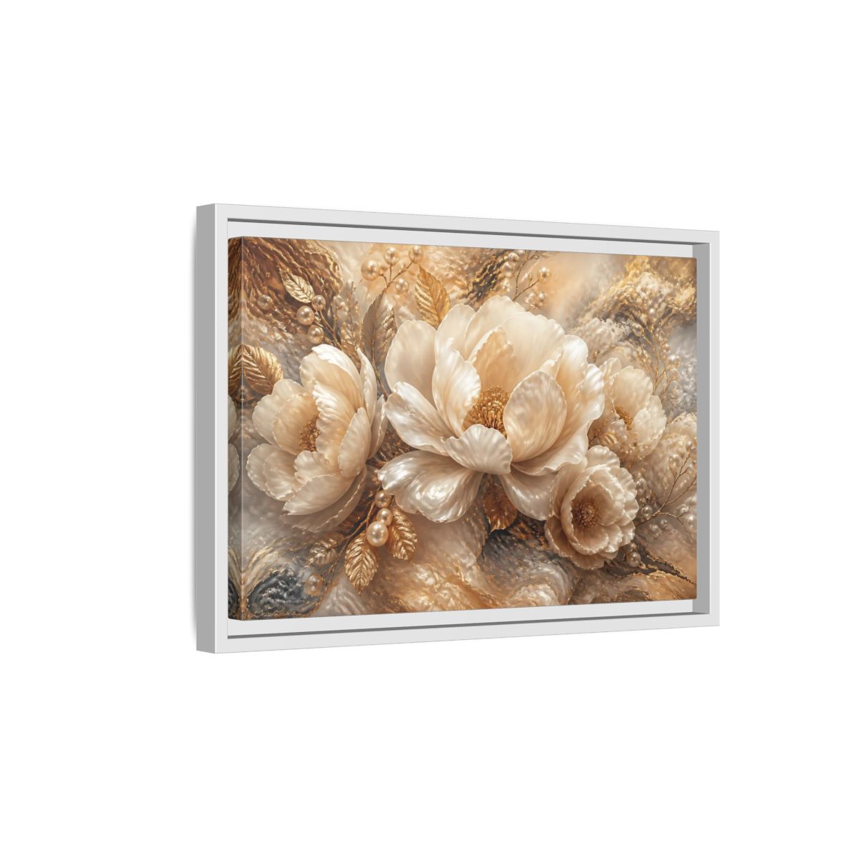 Side Mockup 4. Luminous Pearl Peonies shown as framed canvas print