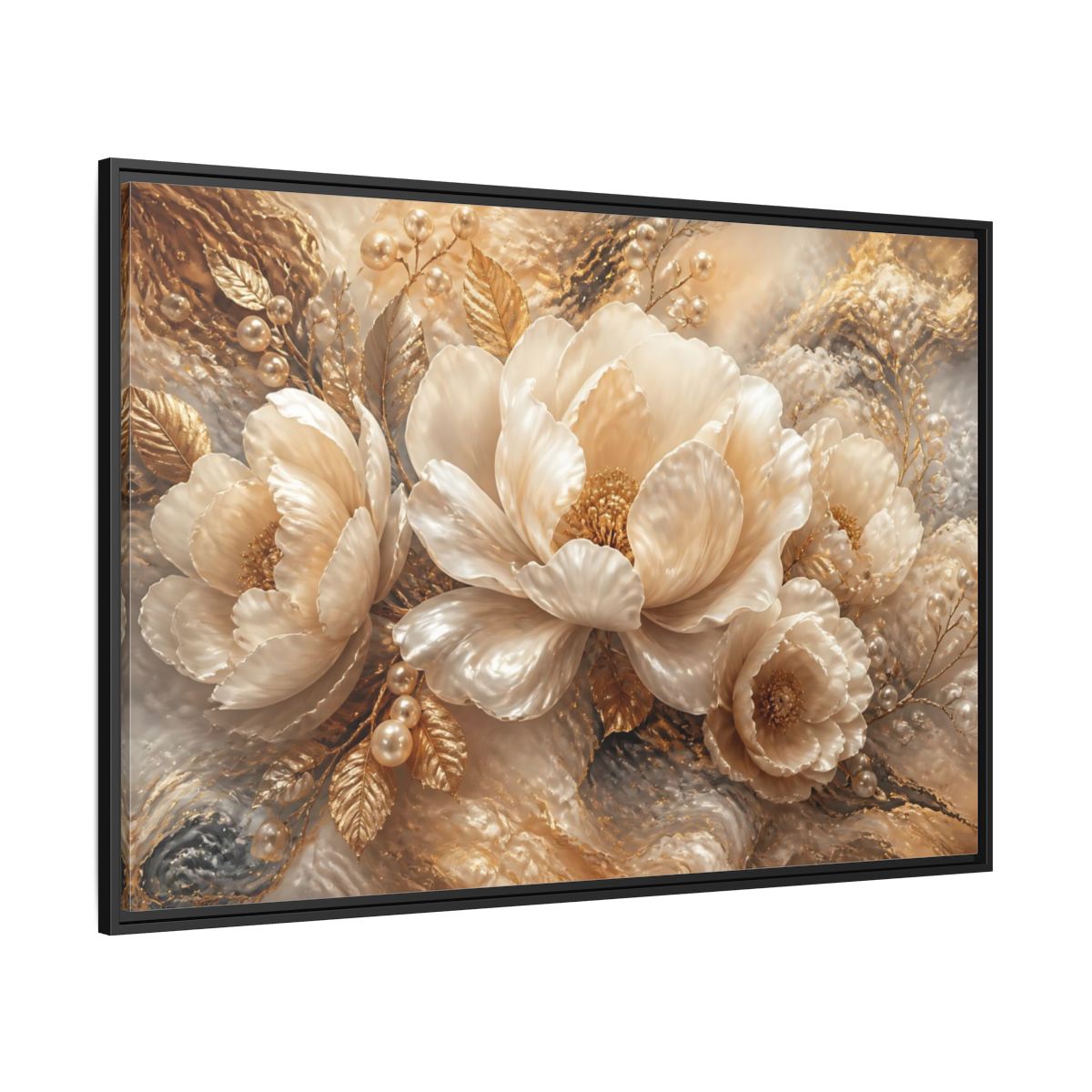 Side Mockup 12. Luminous Pearl Peonies shown as framed canvas print