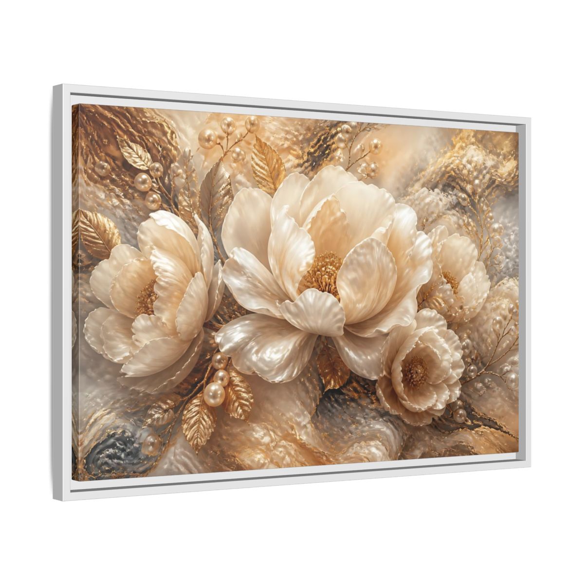 Side Mockup 10. Luminous Pearl Peonies shown as framed canvas print