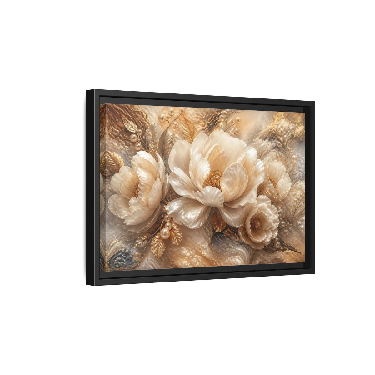 Side Mockup 6. Luminous Pearl Peonies shown as framed canvas print