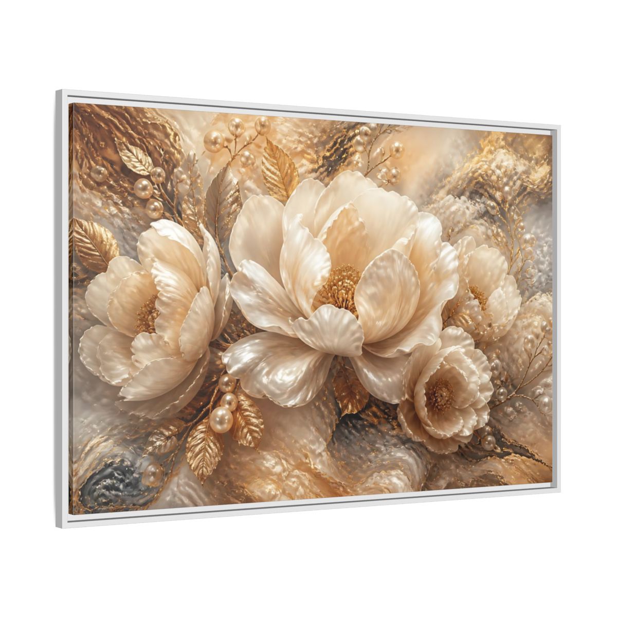 Side Mockup 7. Luminous Pearl Peonies shown as framed canvas print