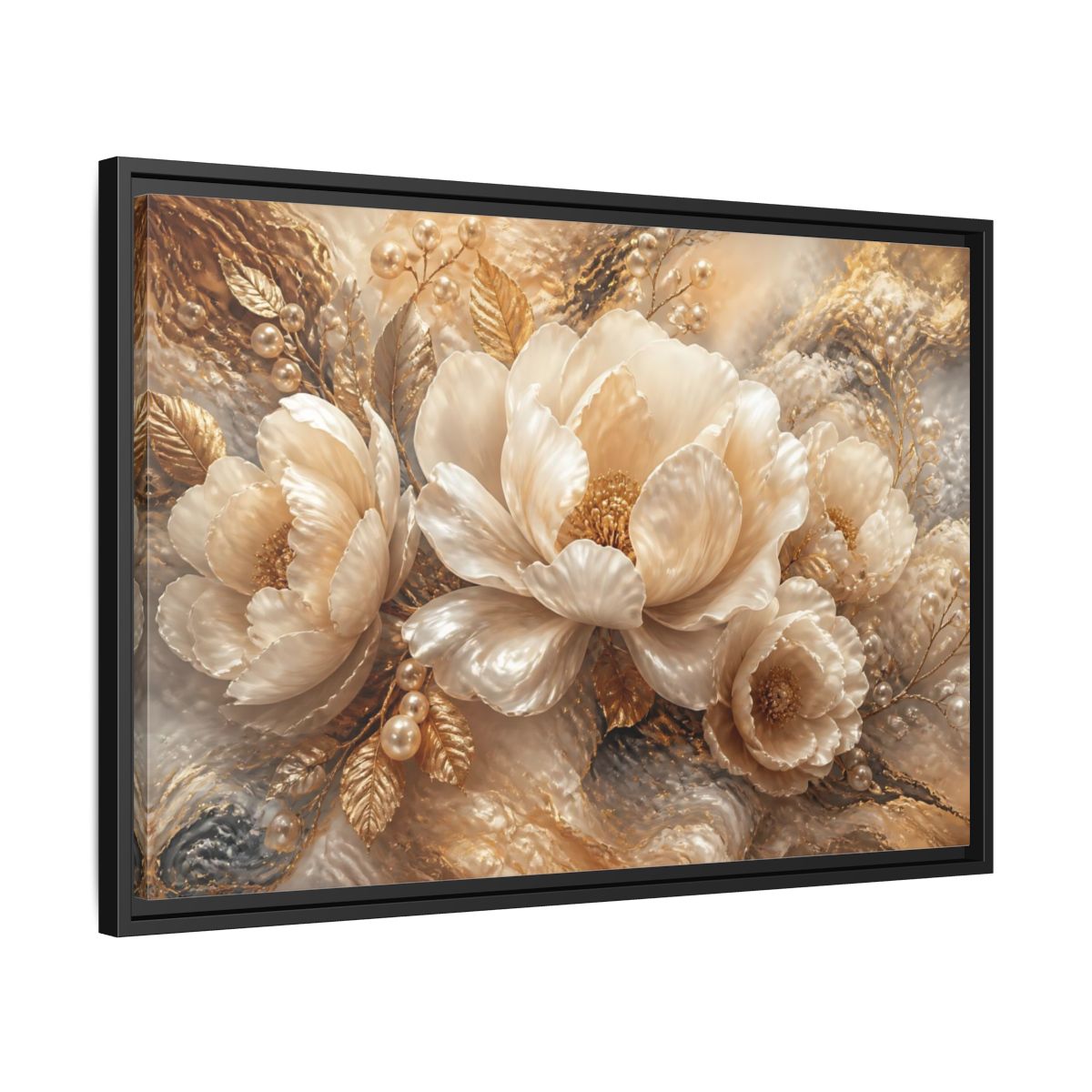 Side Mockup 14. Luminous Pearl Peonies shown as framed canvas print