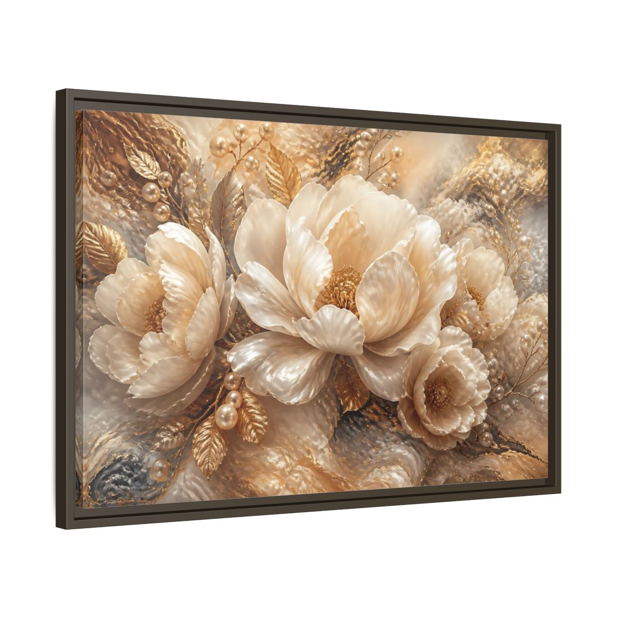 Side Mockup 11. Luminous Pearl Peonies shown as framed canvas print