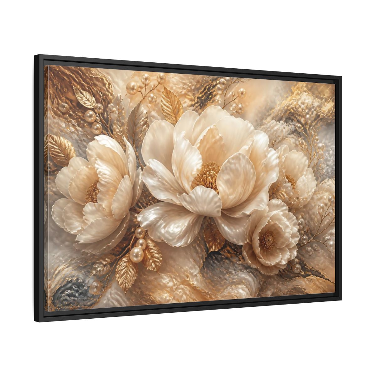Side Mockup 13. Luminous Pearl Peonies shown as framed canvas print