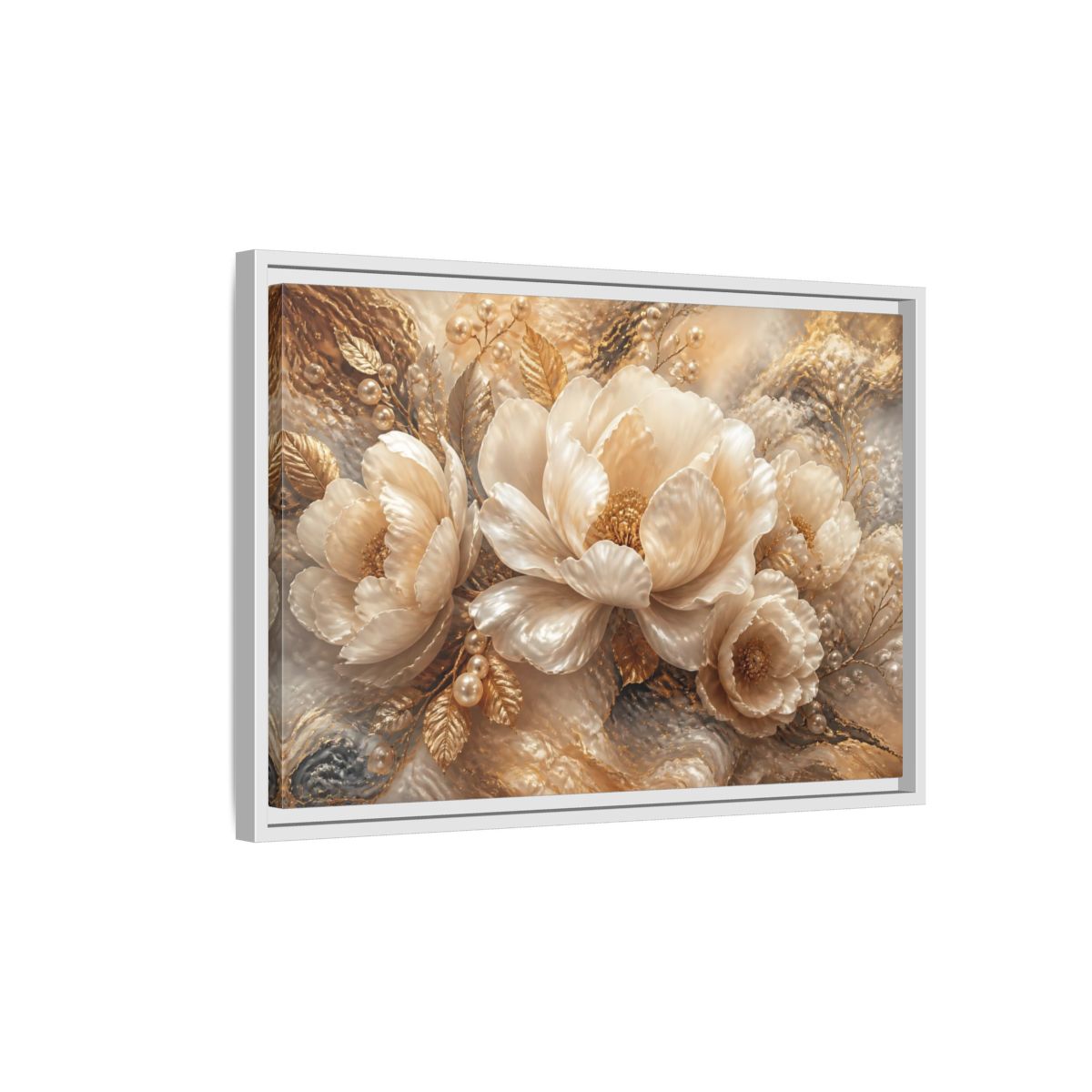 Side Mockup 1. Luminous Pearl Peonies shown as framed canvas print