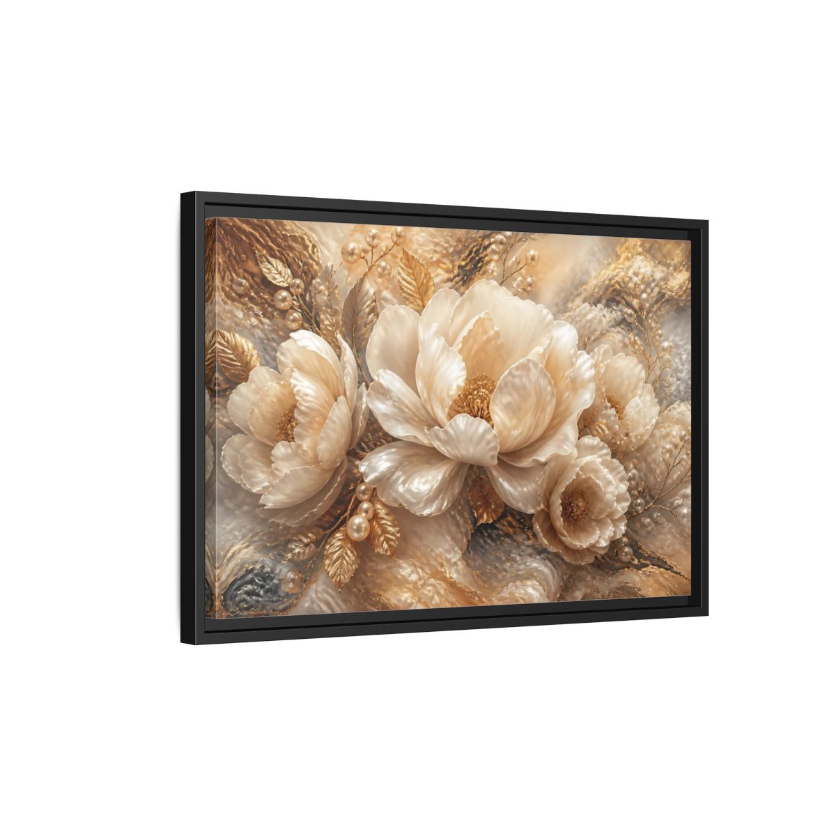 Side Mockup 3. Luminous Pearl Peonies shown as framed canvas print
