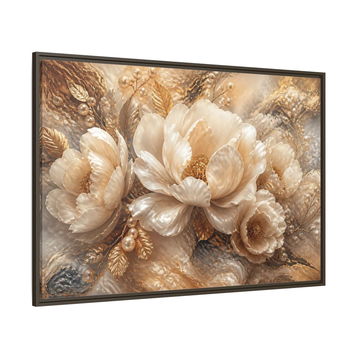 Side Mockup 8. Luminous Pearl Peonies shown as framed canvas print