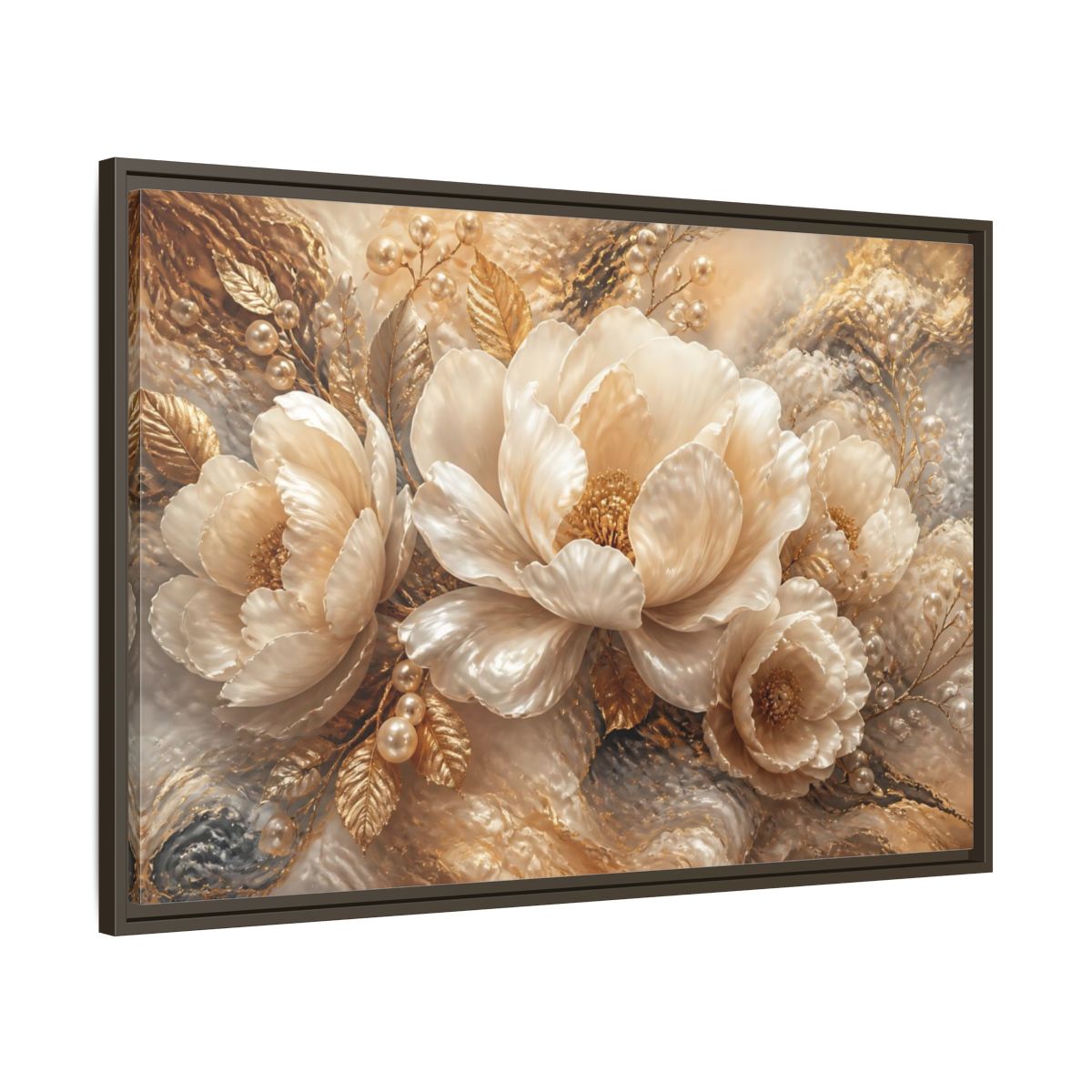 Main Mockup. Luminous Pearl Peonies shown as framed canvas print