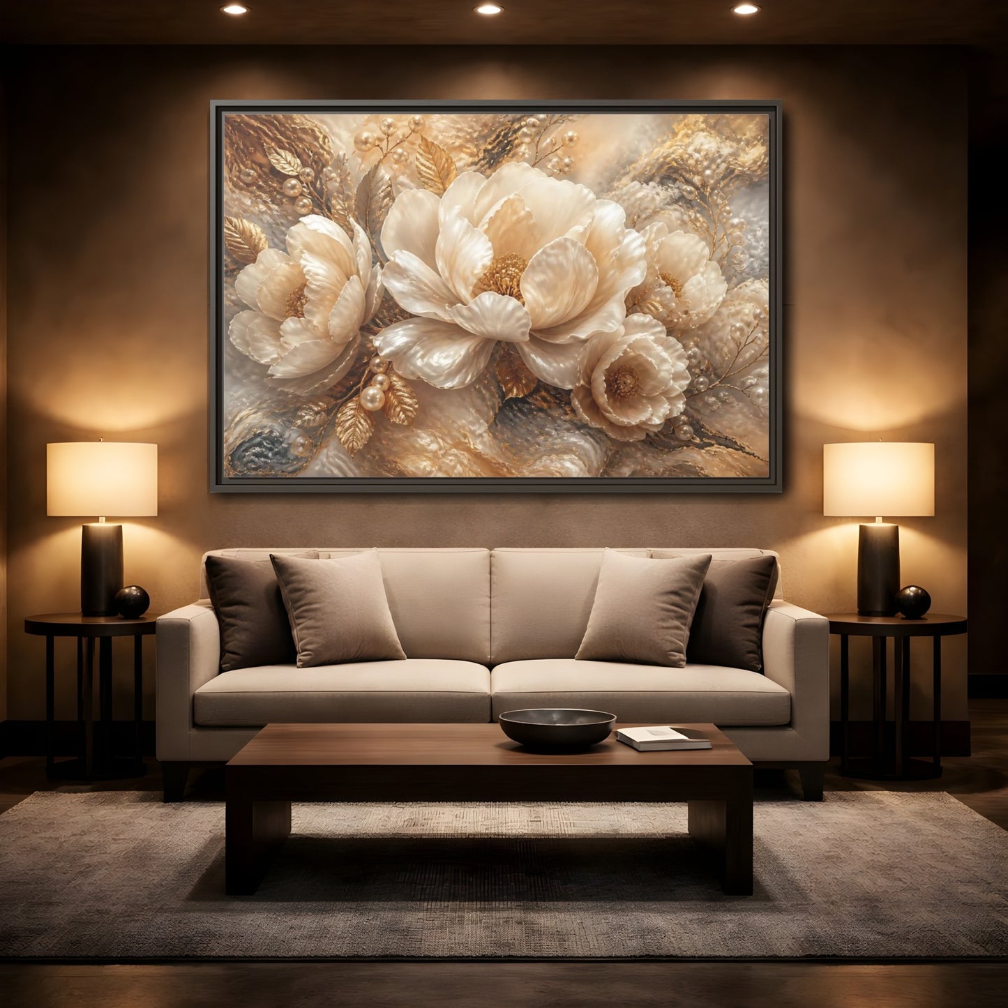 Mockup 2. Luminous Pearl Peonies shown as framed canvas print