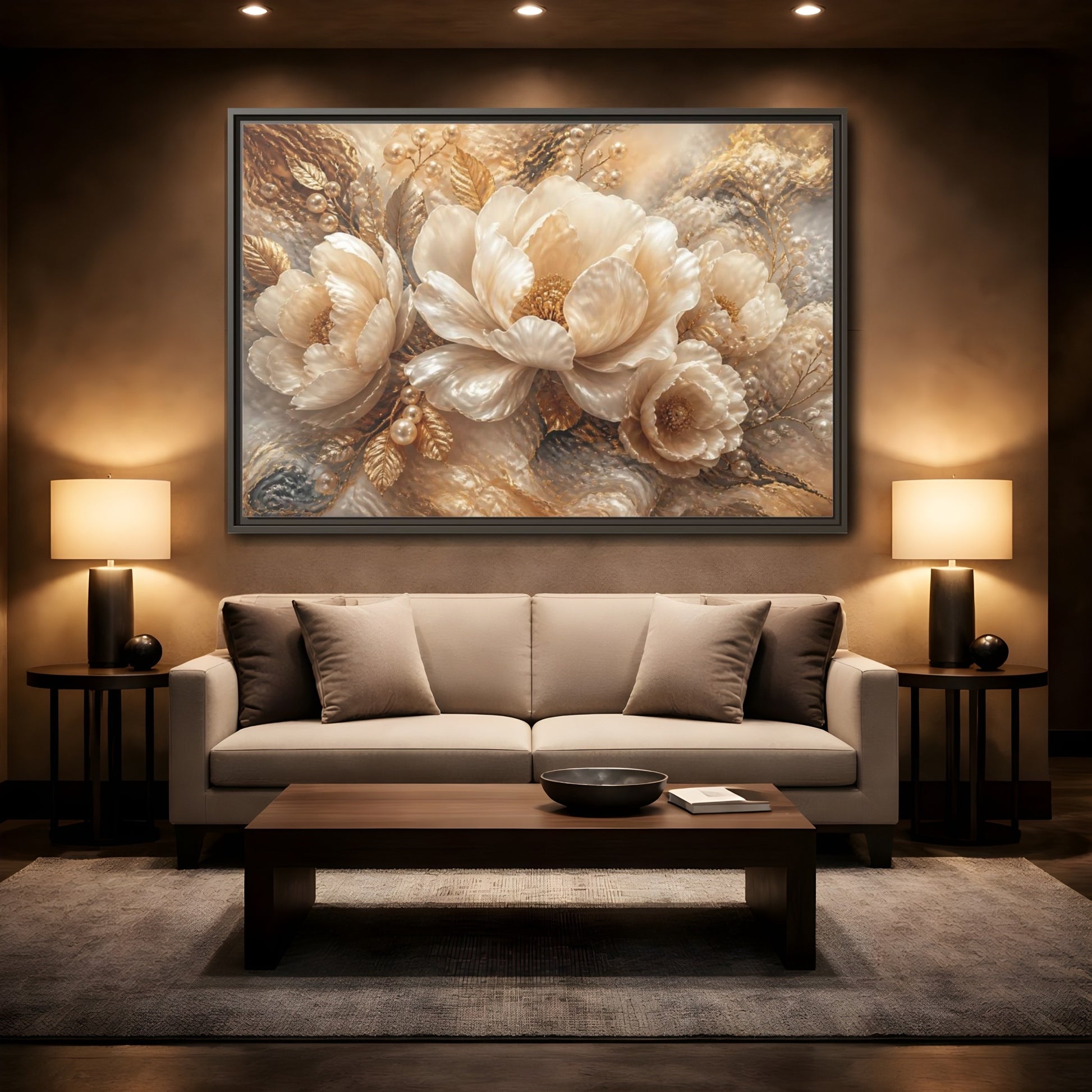 Mockup 2. Luminous Pearl Peonies shown as framed canvas print