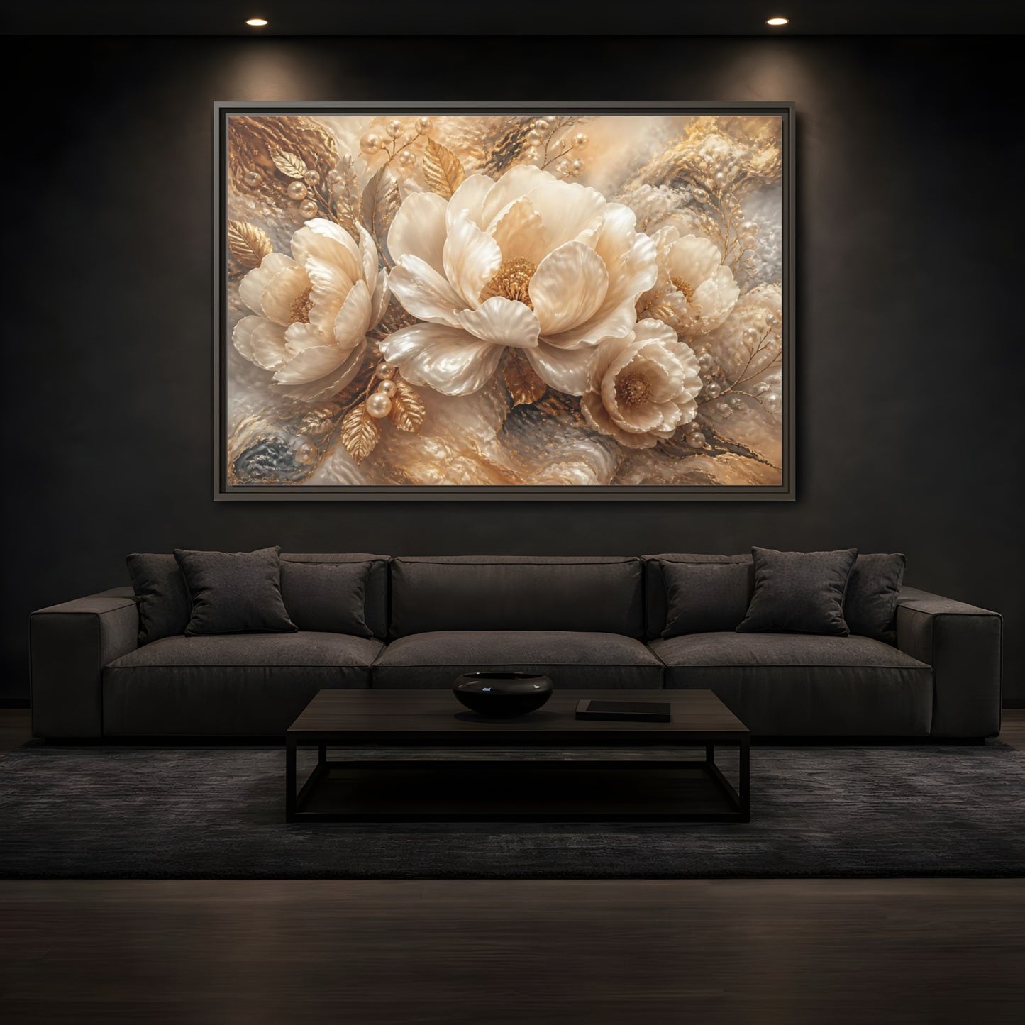Mockup 3. Luminous Pearl Peonies shown as framed canvas print