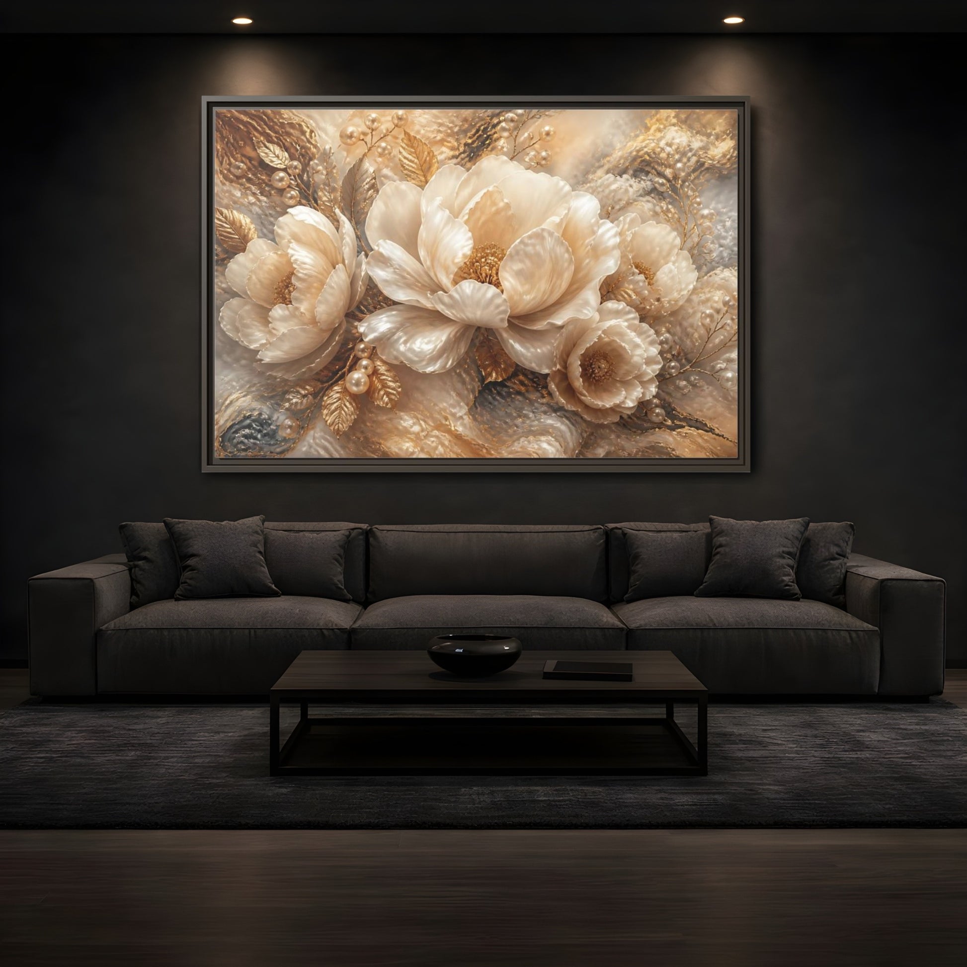 Mockup 3. Luminous Pearl Peonies shown as framed canvas print