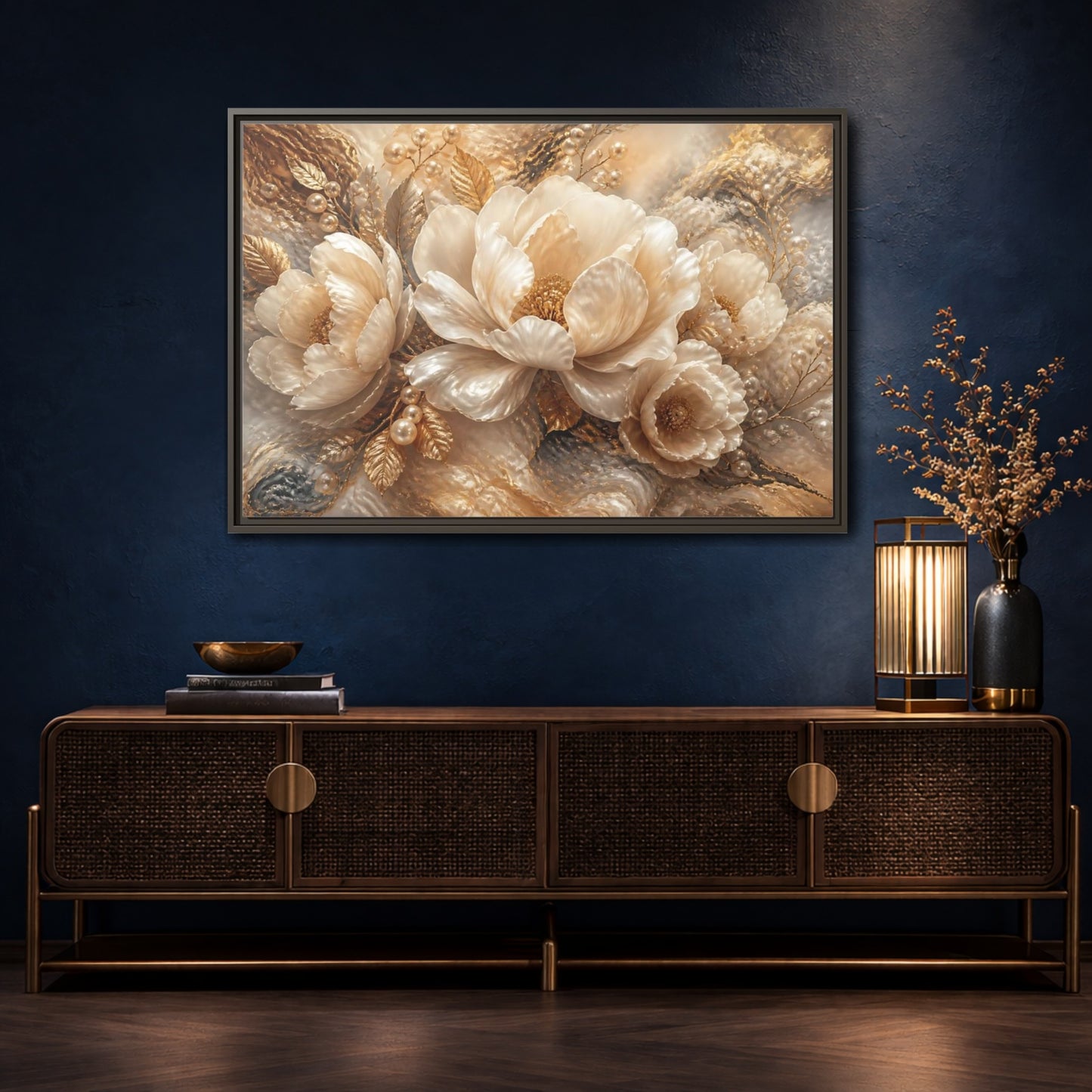 Mockup 4. Luminous Pearl Peonies shown as framed canvas print