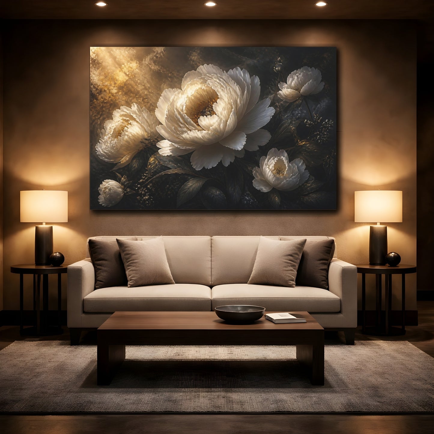 Mockup 2. Luminous Peony Flower shown as canvas print