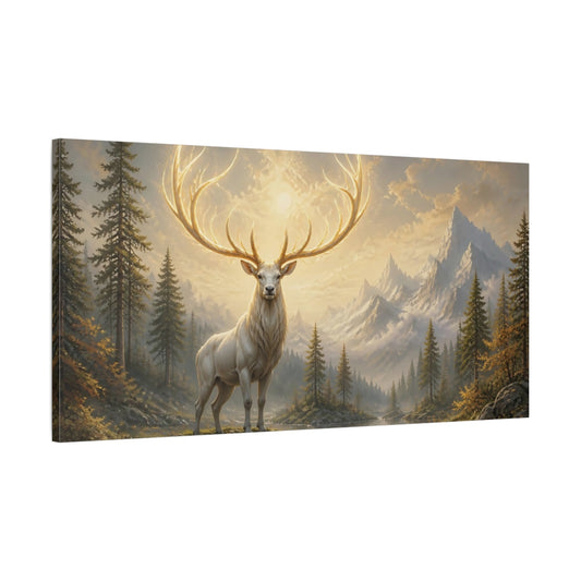 Main Mockup. Luminous Stag At Dawn shown as canvas print