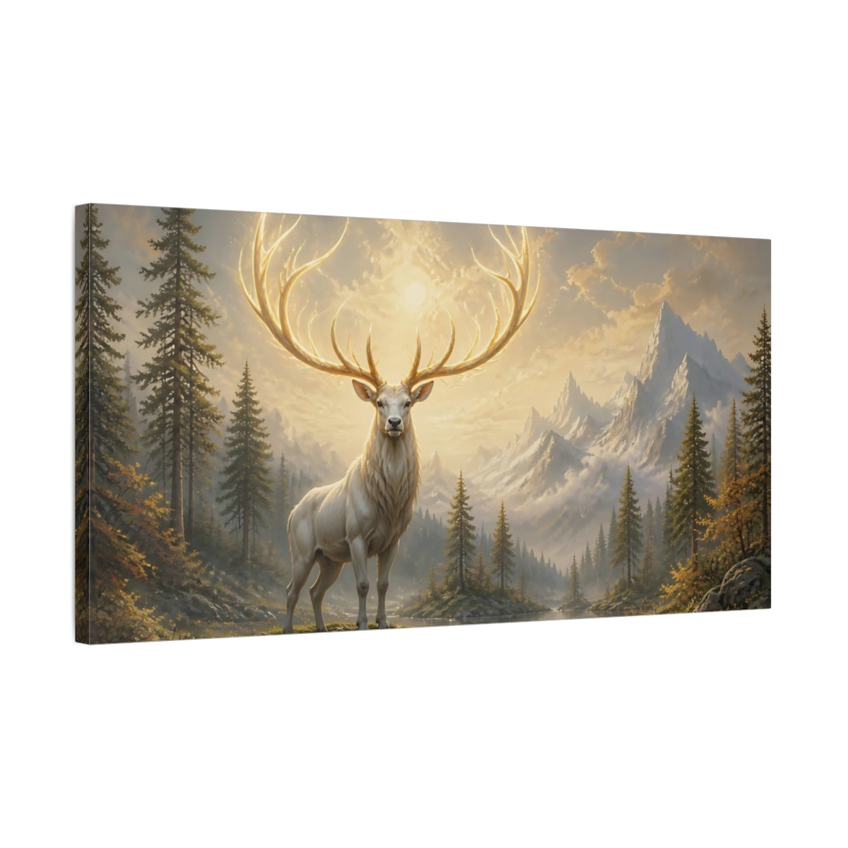 Side Mockup 1. Luminous Stag At Dawn shown as canvas print