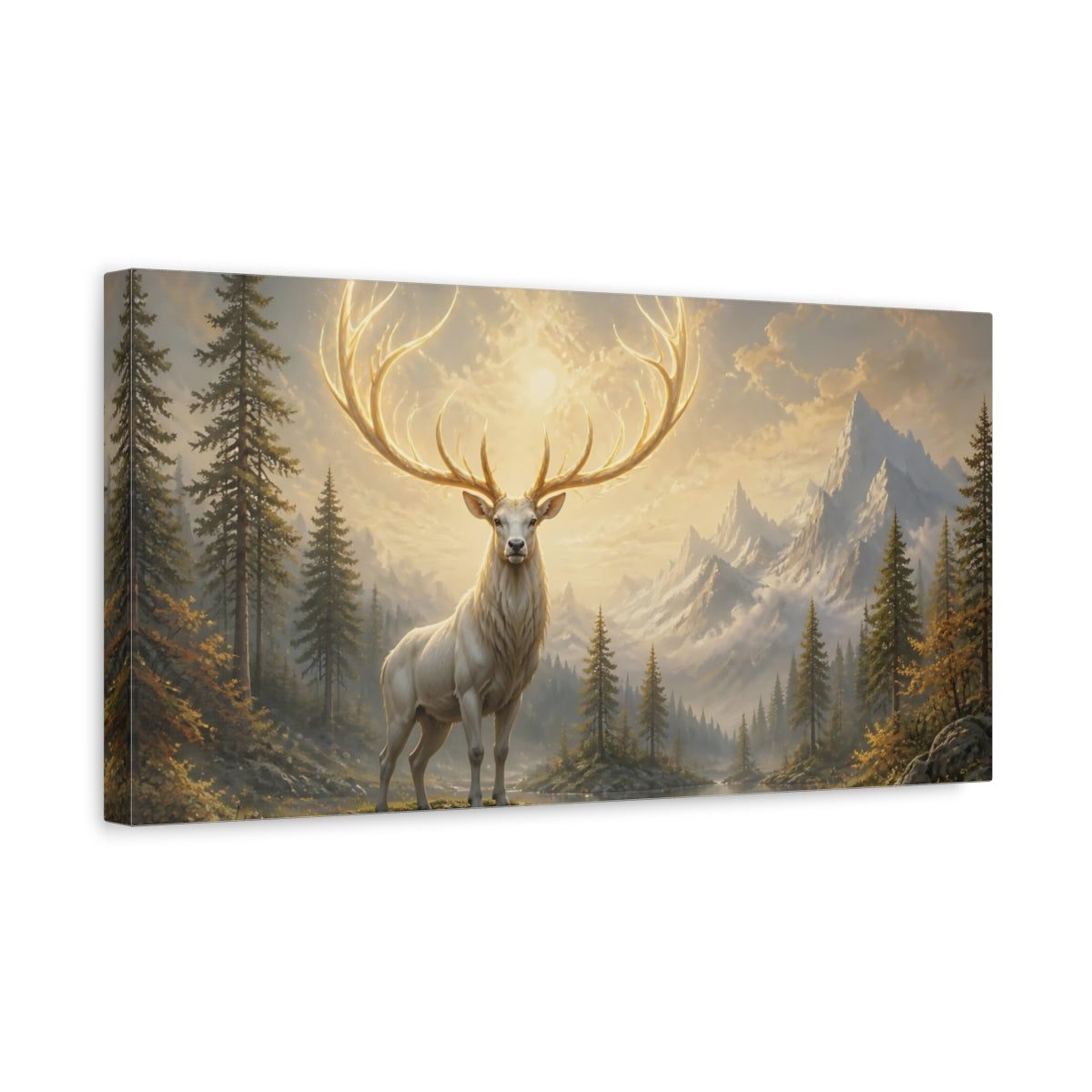 Side Mockup 3. Luminous Stag At Dawn shown as canvas print