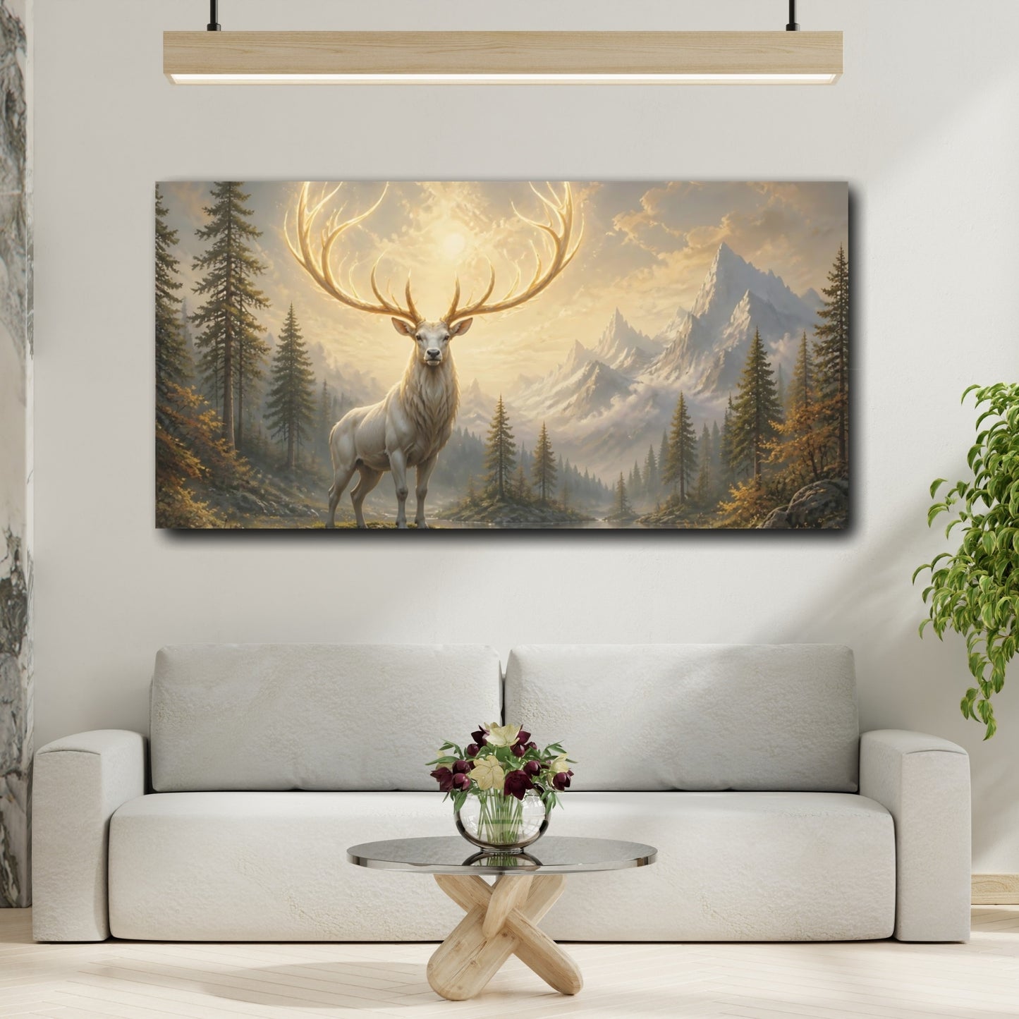 Mockup 2. Luminous Stag At Dawn shown as canvas print
