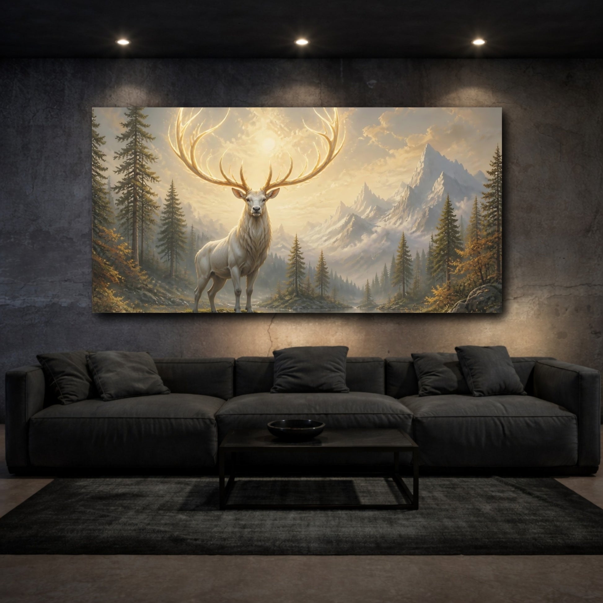 Mockup 3. Luminous Stag At Dawn shown as canvas print
