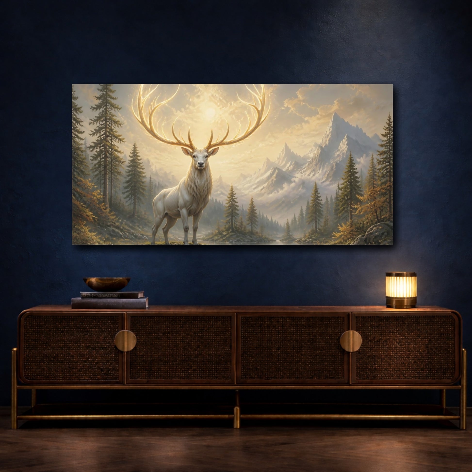 Mockup 4. Luminous Stag At Dawn shown as canvas print