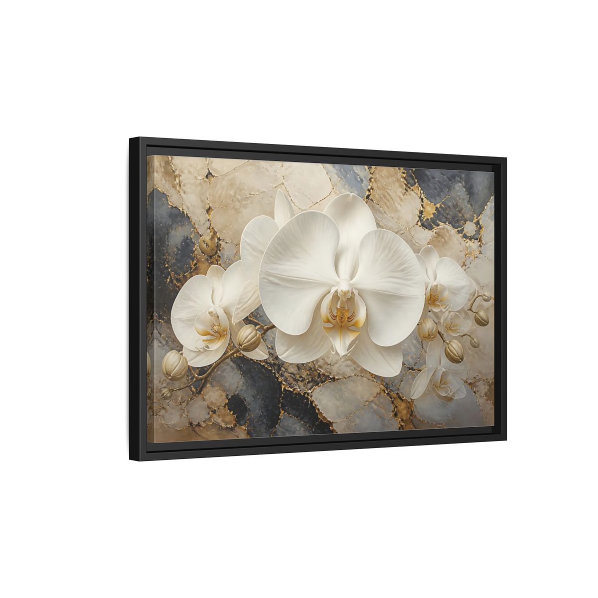 Side Mockup 3. Luminous White Orchid Bloom shown as framed canvas print