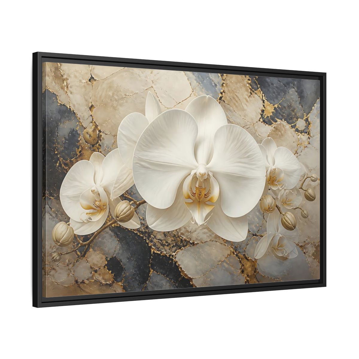 Side Mockup 13. Luminous White Orchid Bloom shown as framed canvas print