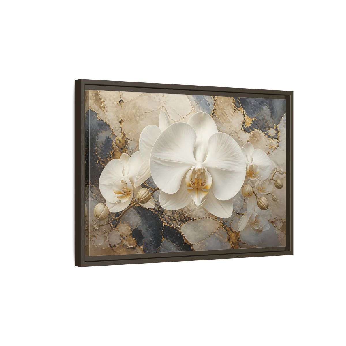 Side Mockup 2. Luminous White Orchid Bloom shown as framed canvas print