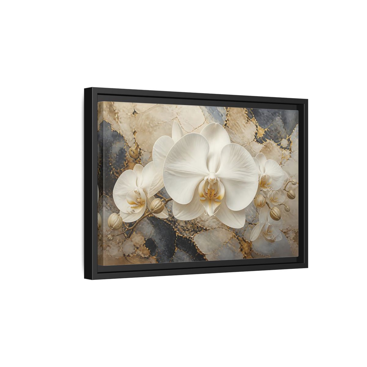 Side Mockup 6. Luminous White Orchid Bloom shown as framed canvas print