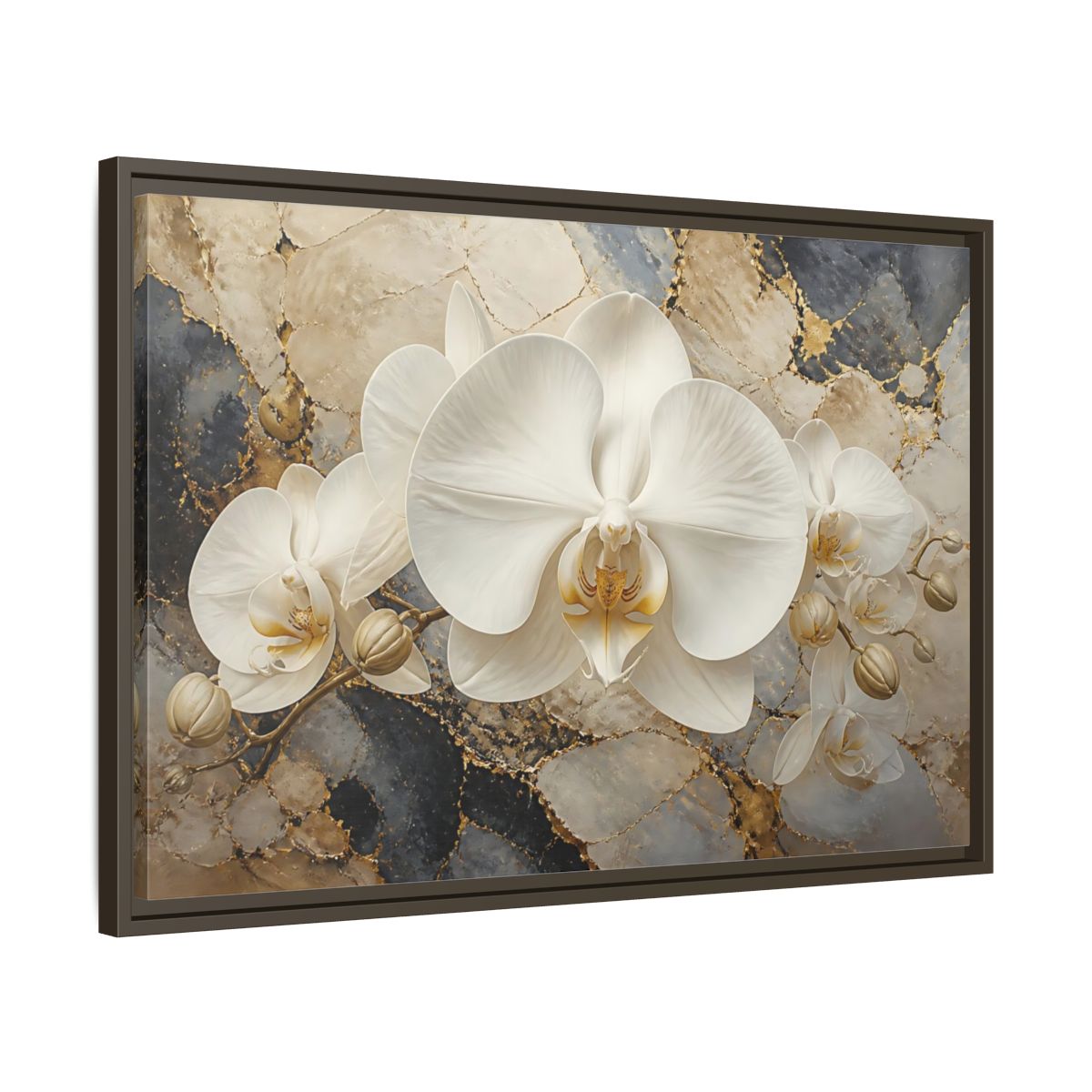 Side Mockup 11. Luminous White Orchid Bloom shown as framed canvas print