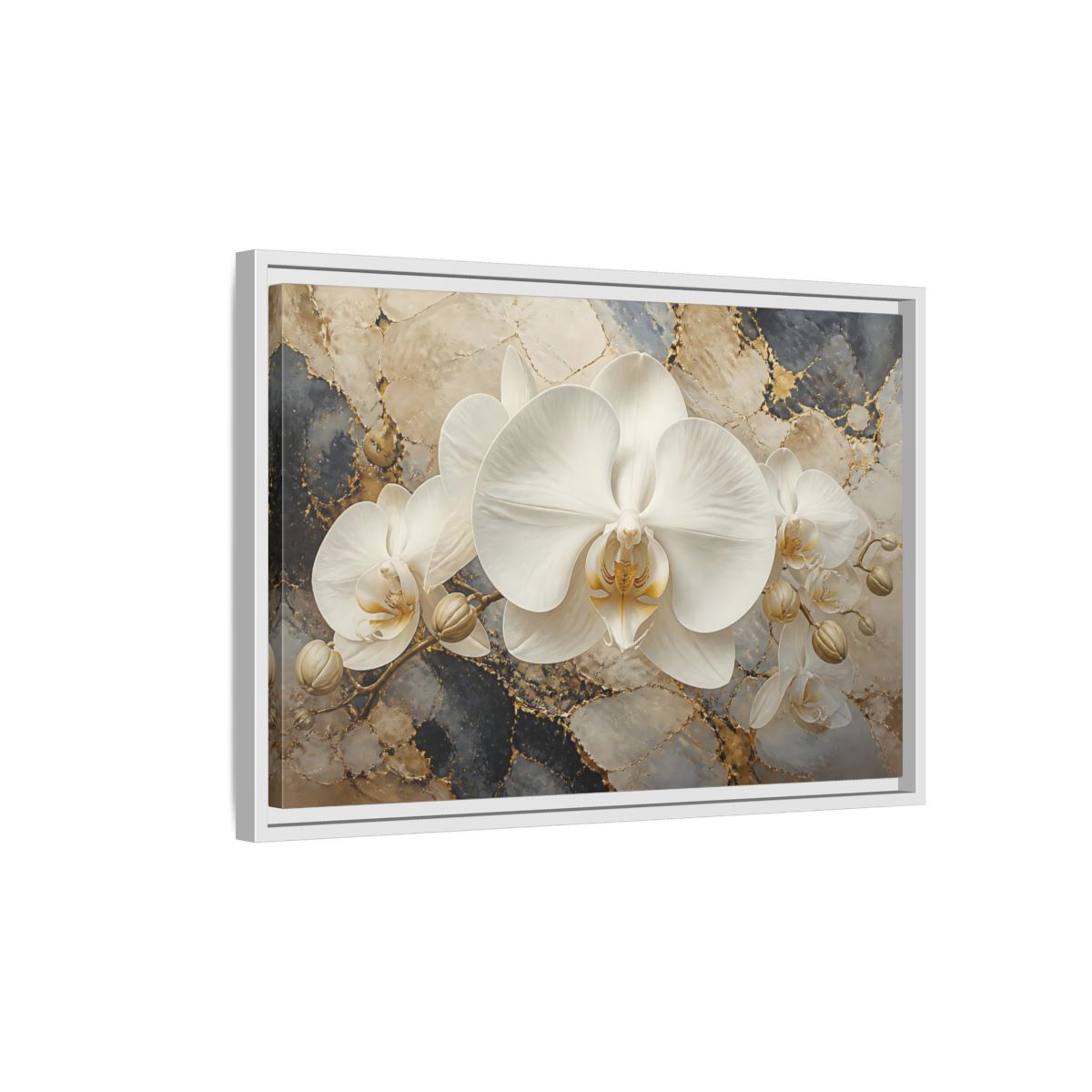 Side Mockup 1. Luminous White Orchid Bloom shown as framed canvas print