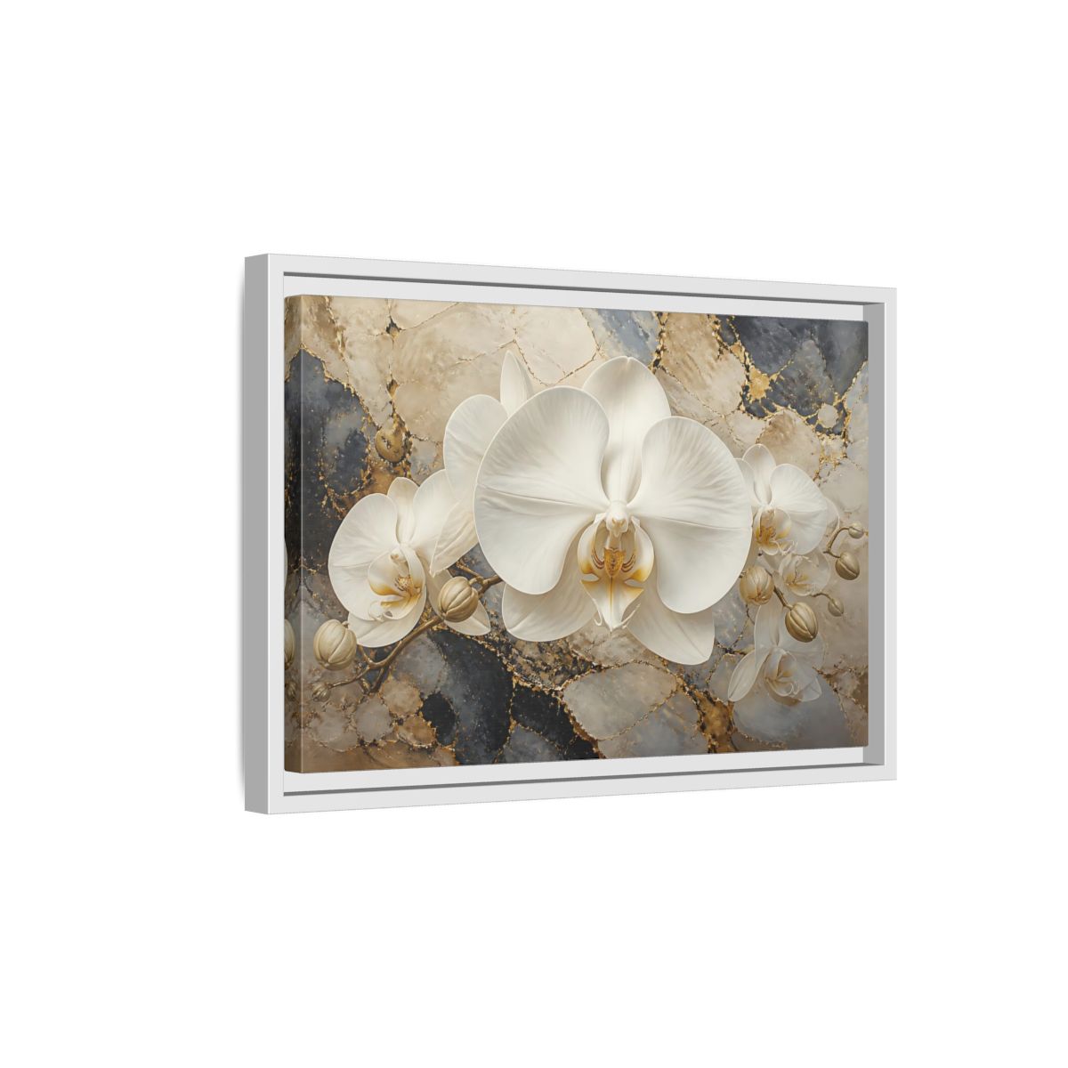 Side Mockup 4. Luminous White Orchid Bloom shown as framed canvas print
