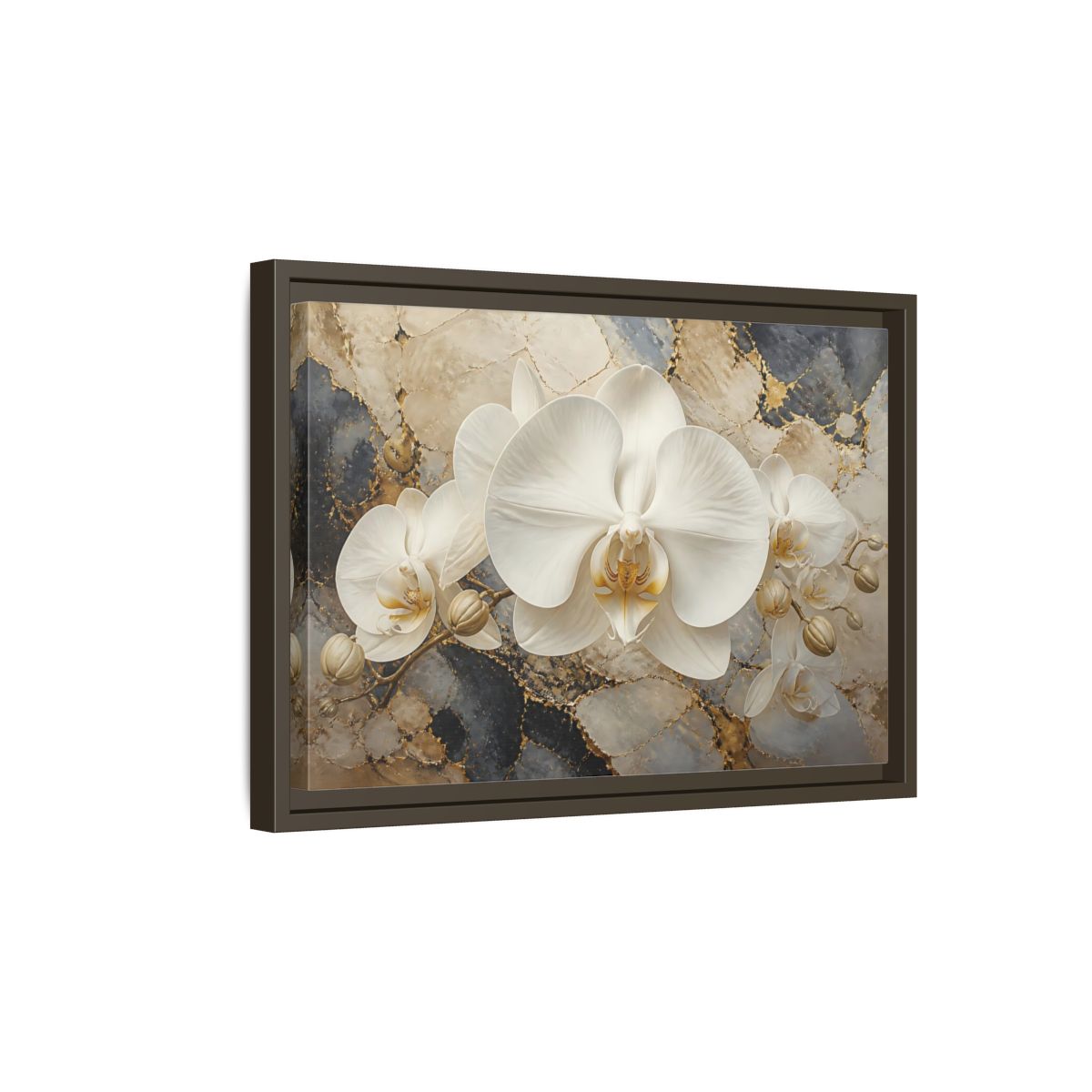 Side Mockup 5. Luminous White Orchid Bloom shown as framed canvas print