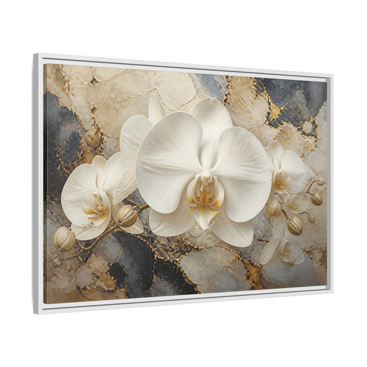 Side Mockup 9. Luminous White Orchid Bloom shown as framed canvas print