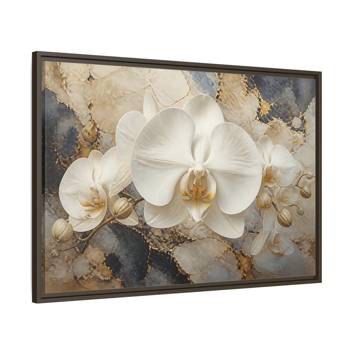 Main Mockup. Luminous White Orchid Bloom shown as framed canvas print