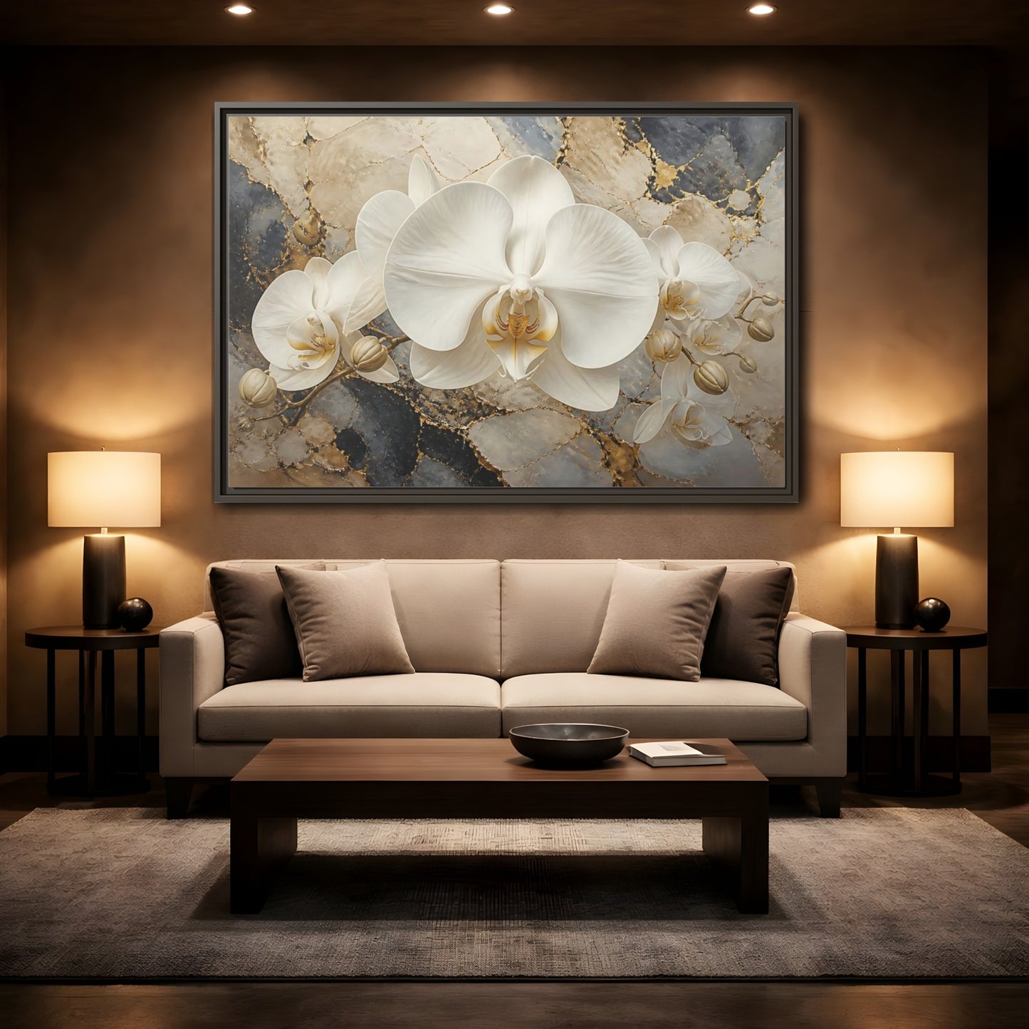 Mockup 2. Luminous White Orchid Bloom shown as framed canvas print