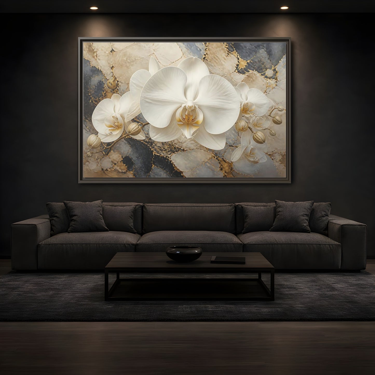 Mockup 3. Luminous White Orchid Bloom shown as framed canvas print