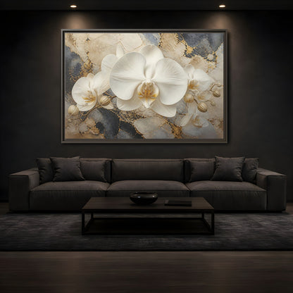 Mockup 3. Luminous White Orchid Bloom shown as framed canvas print