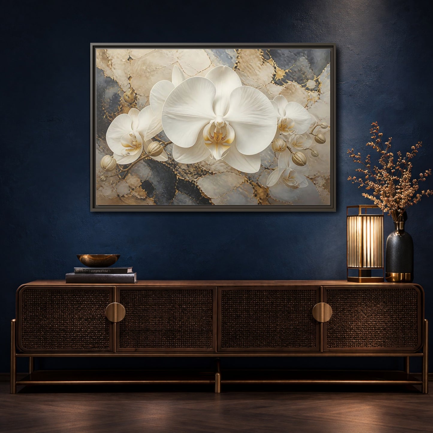Mockup 4. Luminous White Orchid Bloom shown as framed canvas print