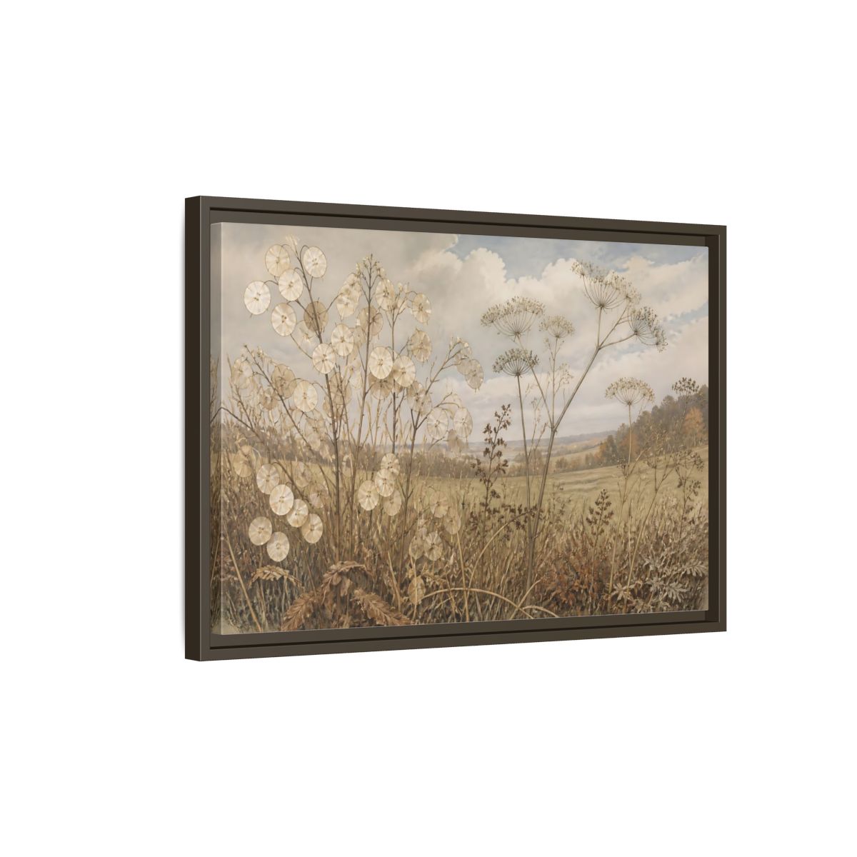 Side Mockup 2. Lunaria In Faded Meadow shown as framed canvas print