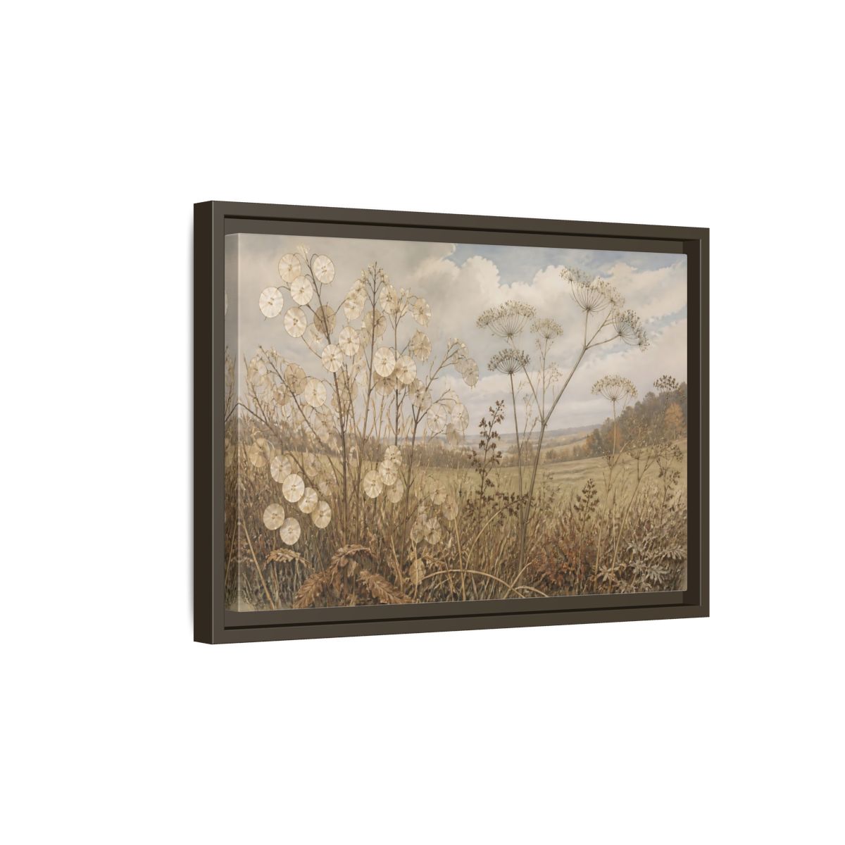 Side Mockup 5. Lunaria In Faded Meadow shown as framed canvas print