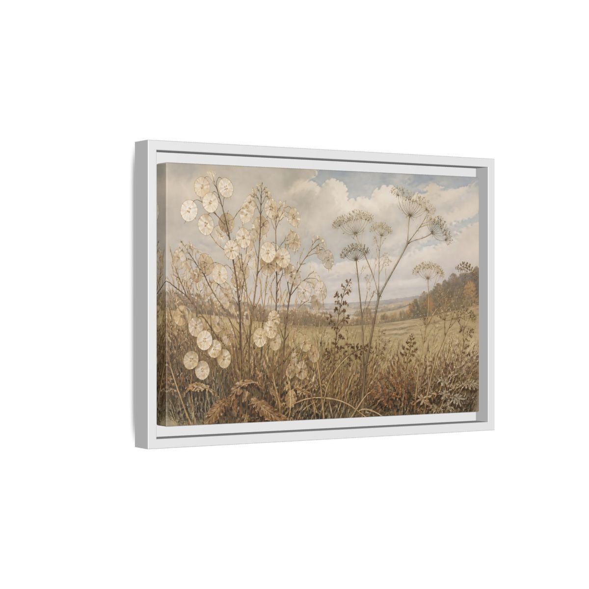 Side Mockup 4. Lunaria In Faded Meadow shown as framed canvas print